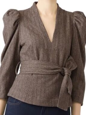 Sea New York Noemi Wool Tie-Waist Brown Top with Navy Stripes
